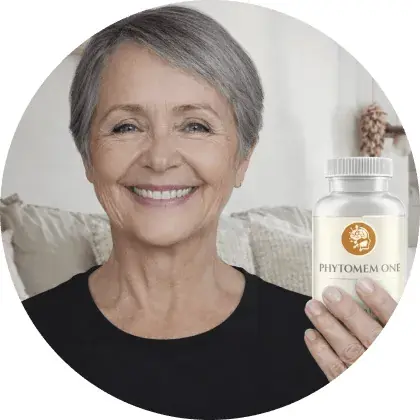 Smiling senior woman holding Phytomem One brain health supplement for memory, focus, clarity, and cognitive support in the USA.