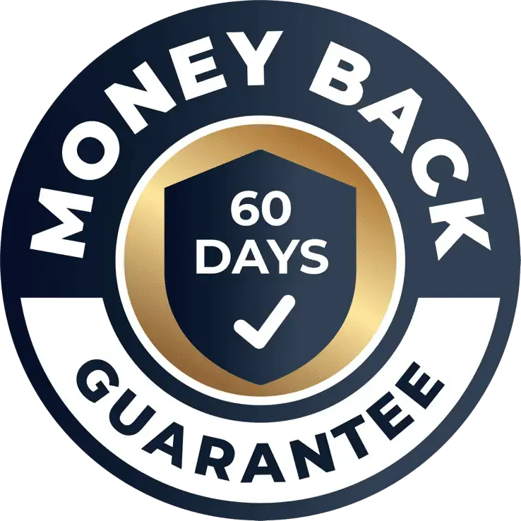 Phytomem One  60 days money back guarantee official trust seal badge. Features a gold and navy circular shield design providing purchase protection for supplement buyers in the USA.