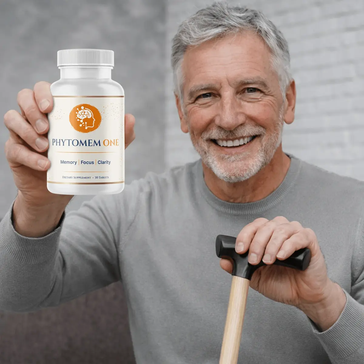 Happy older adult holding Phytomem One brain health supplement for memory, focus, clarity, and cognitive support in the USA.