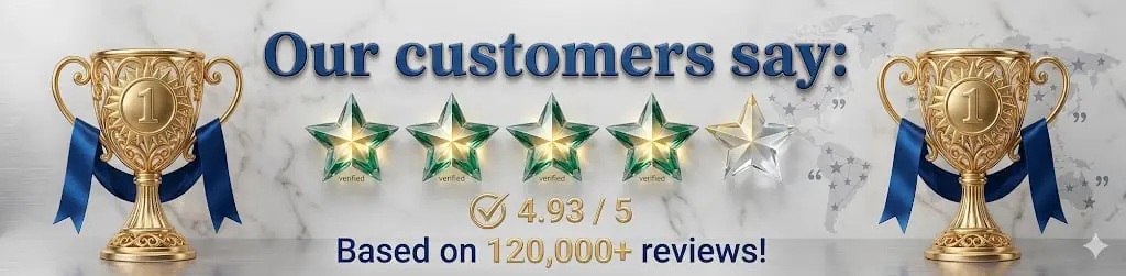 Phytomem One customer reviews trust banner showing a 4.93 out of 5 rating based on over 120,000 verified user testimonials. Features gold trophies on a premium marble background for USA buyers.